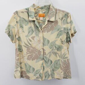 NANI Hawaii Button Up Camp Shirt Women M Cream Palm Hibiscus Floral Short Sleeve
